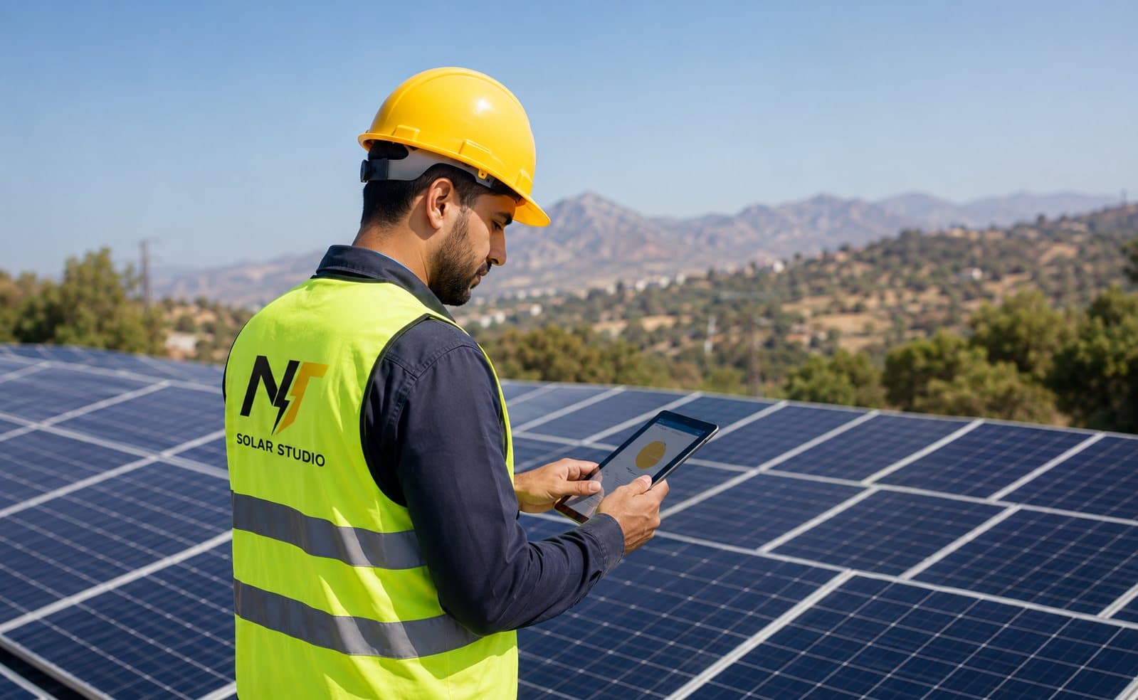 Technicien NT SOLAR STUDIO utilisant l'outil sur tablette devant une centrale photovoltaïque au Maroc